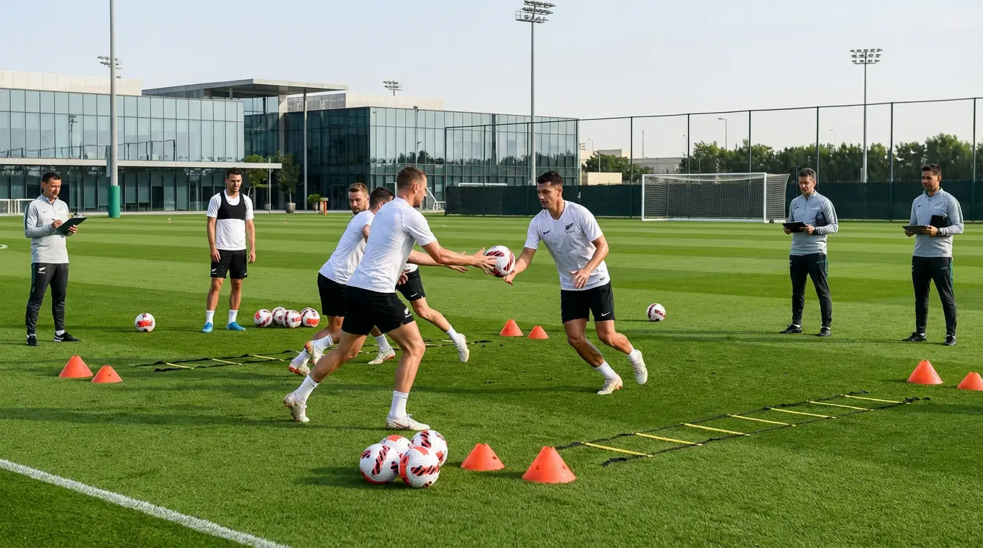New Zealand All Whites football players in white jerseys during training session with coaches observing tactics on the pitch