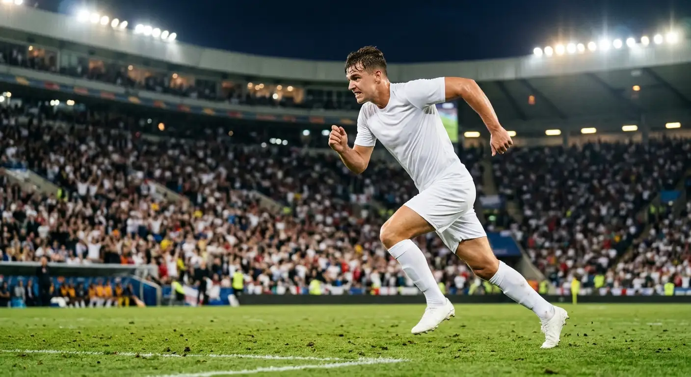 A young footballer in an all-white kit closing down an opponent during a World Cup match
