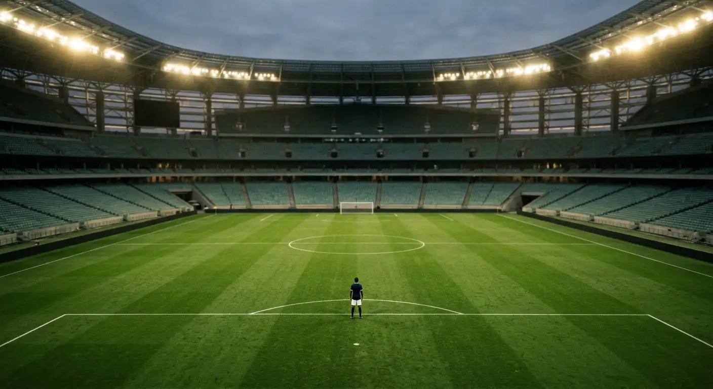 A lone footballer in a huge stadium under floodlights, the scale of a World Cup knockout occasion