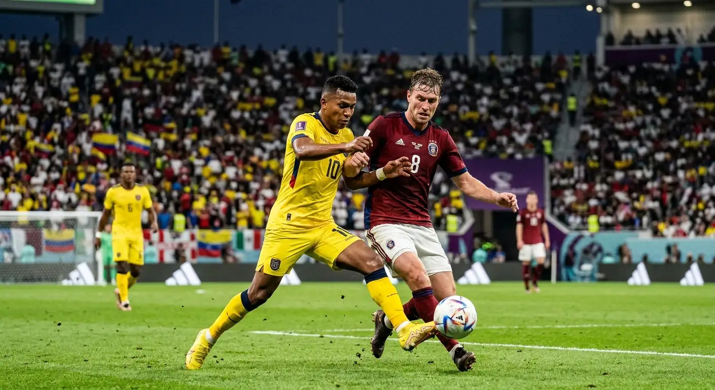 Two South American and European footballers competing during a World Cup group match under stadium lights