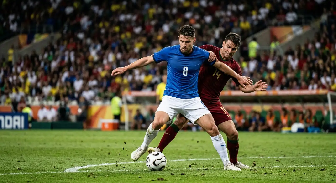 A playmaker shielding the ball in midfield during an intense World Cup match