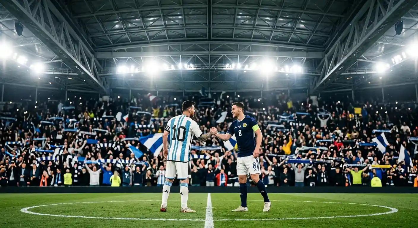 England and Argentina players walk out at a sold-out stadium, with a giant golden trophy on a podium in the foreground. The pair meet in the World Cup semi-final on Thursday 7am NZT.