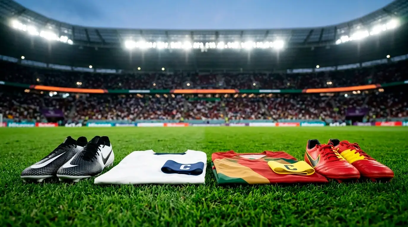 Two sets of football boots and national-team kits laid out before a World Cup knockout-deciding match