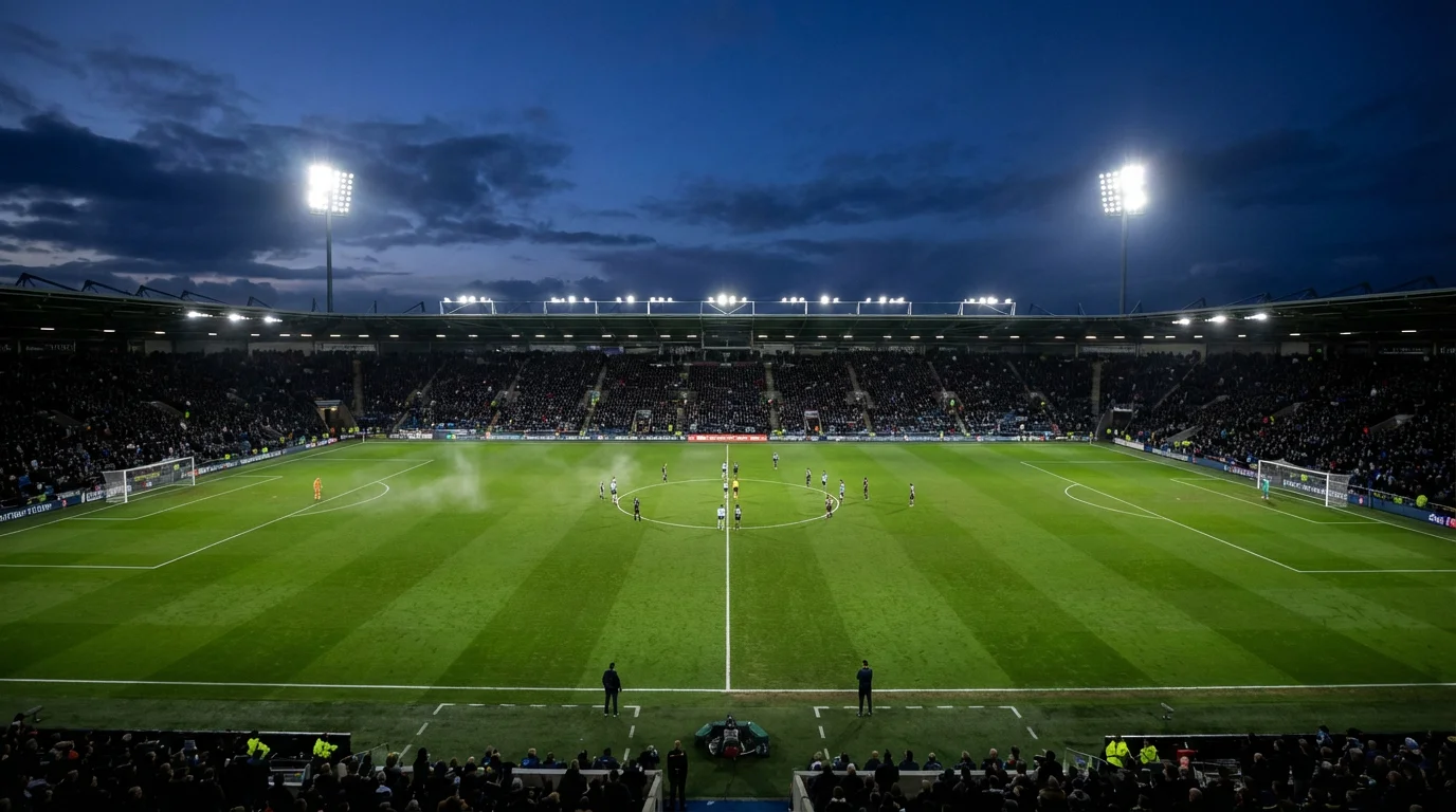 Football stadium at evening kickoff with floodlights illuminating the green pitch as teams prepare for World Cup match