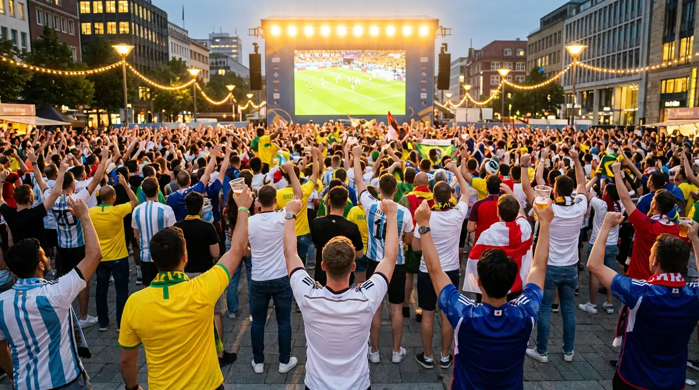 Football supporters gathered watching World Cup match on large screen with national team scarves and jerseys visible