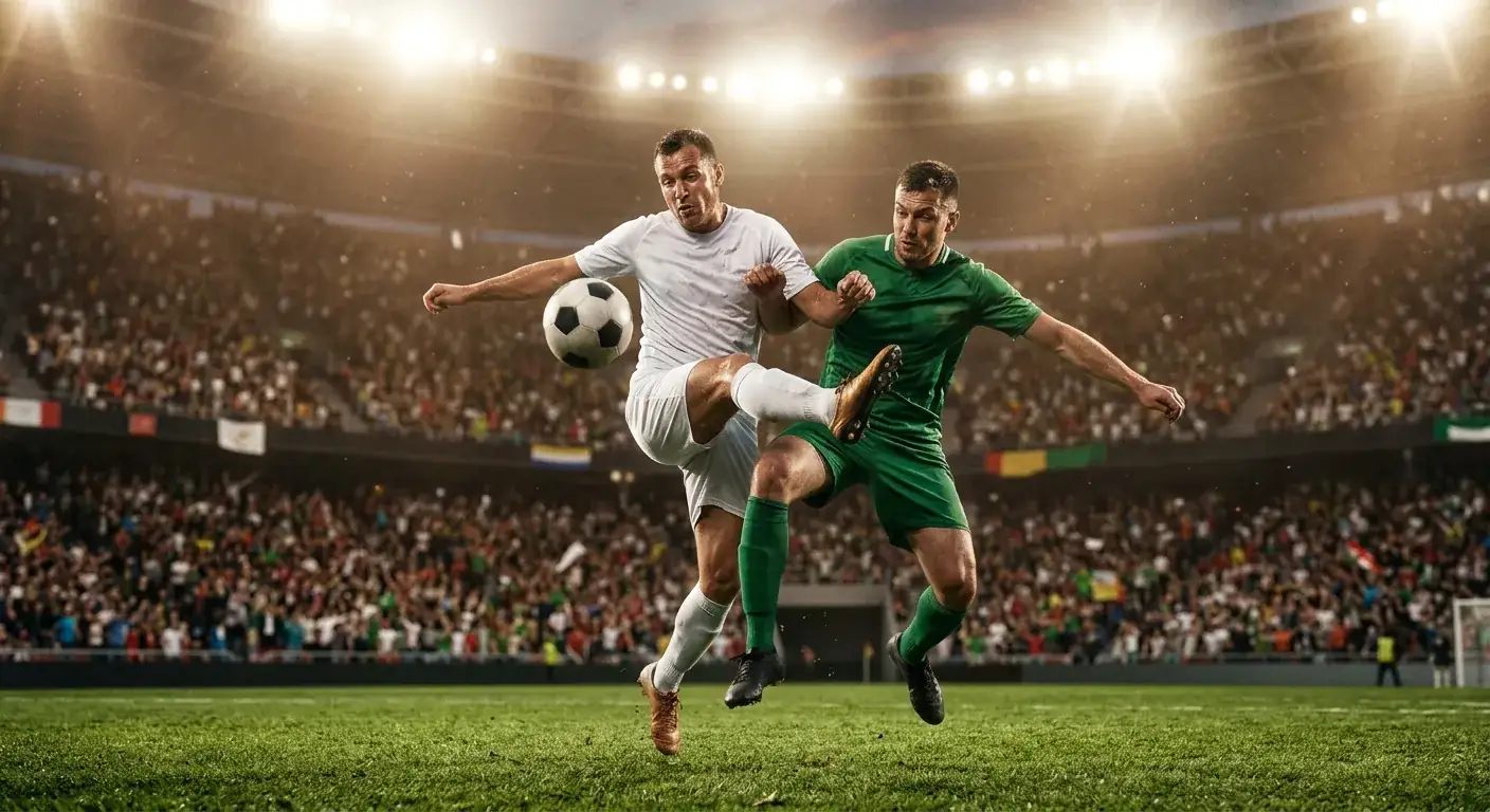 Two footballers from opposing teams competing for the ball in a floodlit knockout match