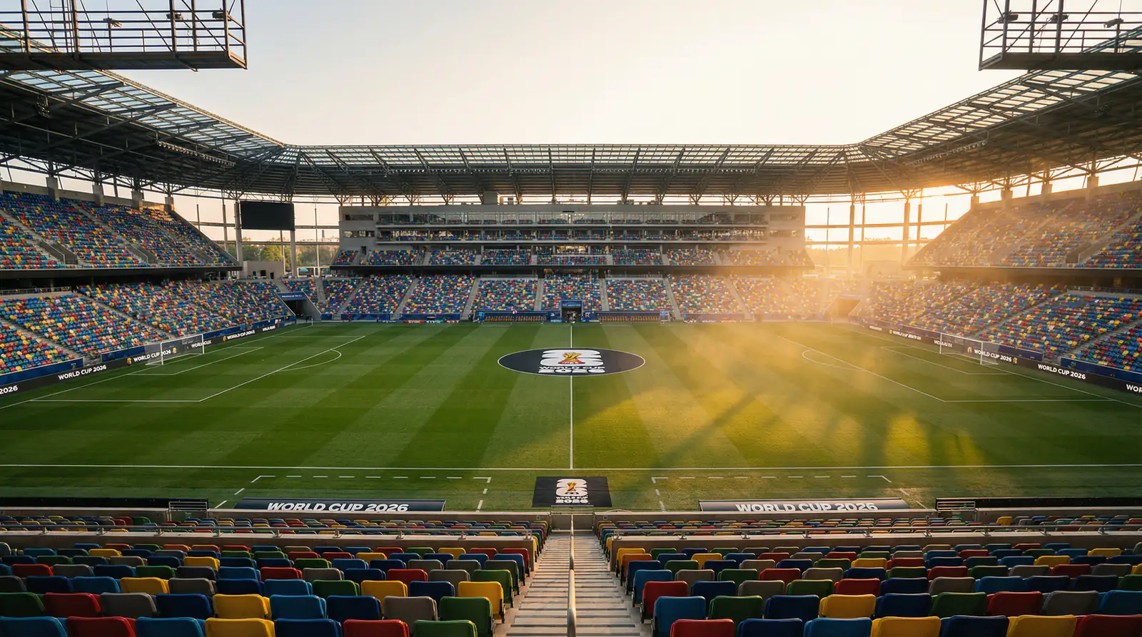 Modern football stadium prepared for World Cup 2026 with pristine pitch and stands filled with international supporters