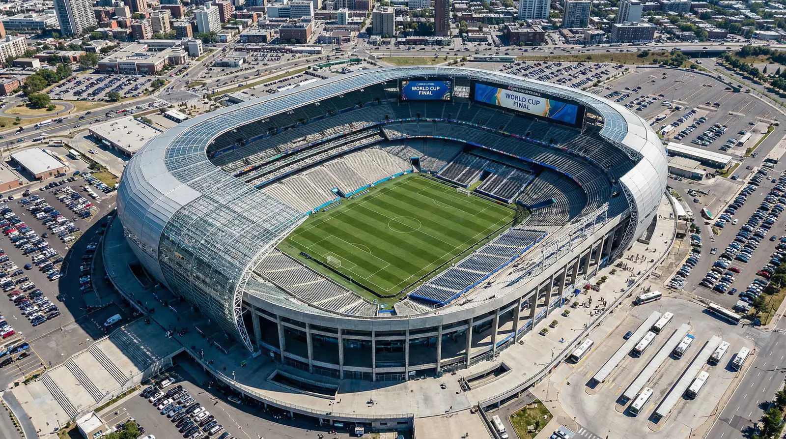 Aerial view of modern American football stadium with retractable roof prepared for World Cup 2026 final venue