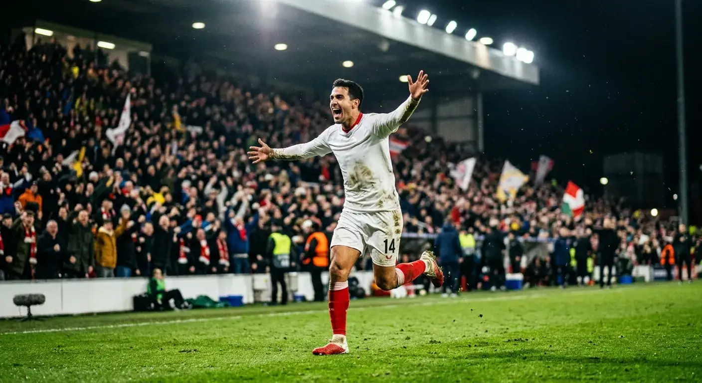 A striker celebrating a goal under stadium floodlights in a knockout match