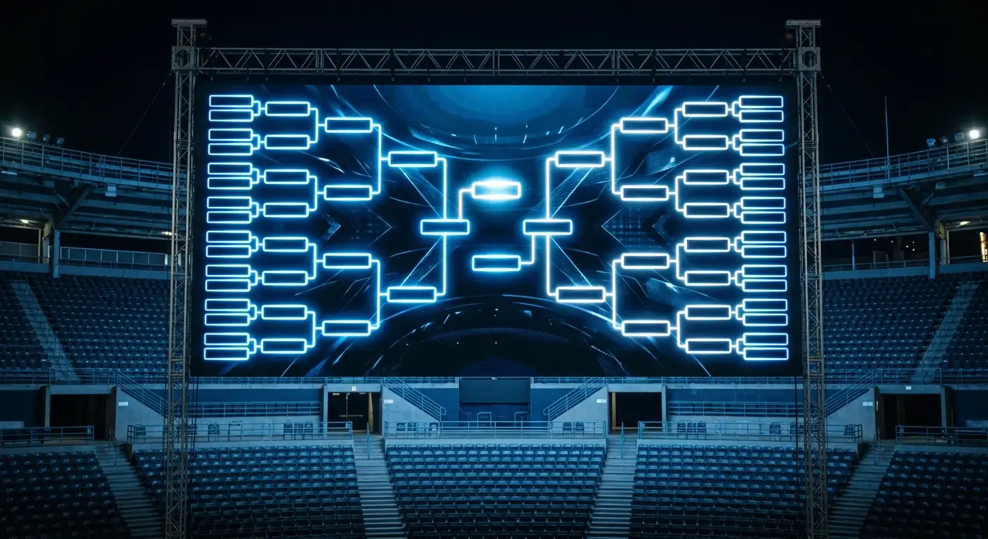 A stadium big screen showing a knockout bracket narrowing towards the later rounds