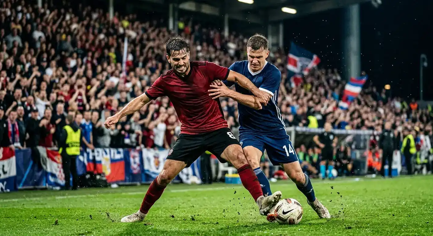 Two footballers in a tense duel for the ball during a high-stakes knockout match