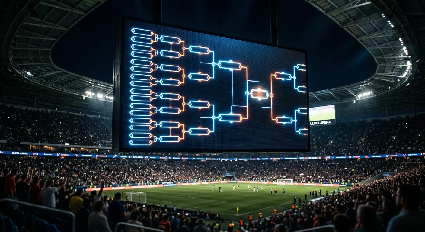 A tournament knockout bracket graphic taking shape on a stadium big screen