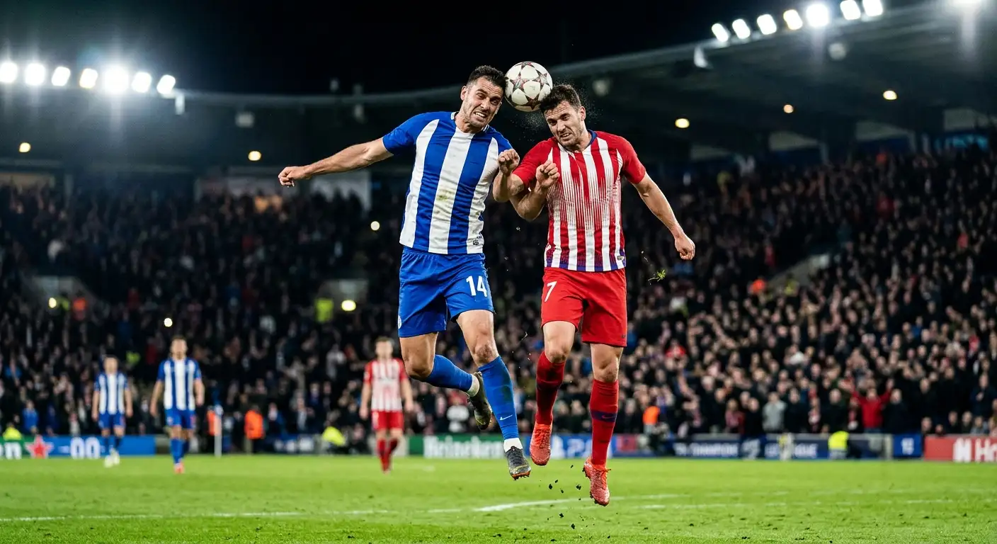 Two opposing footballers competing for a high ball under floodlights in a tense knockout match