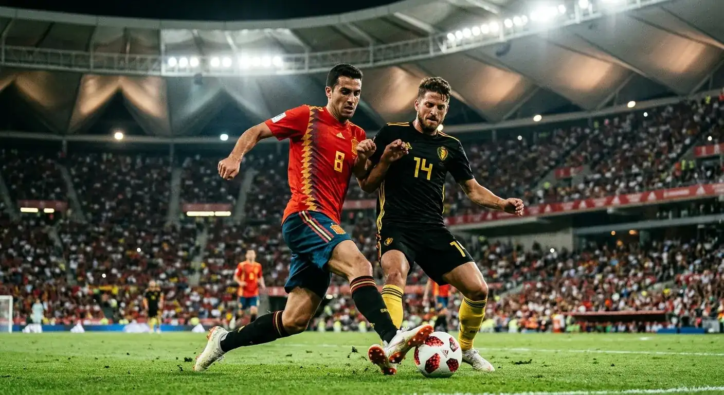 Two footballers battling for possession in a floodlit indoor stadium