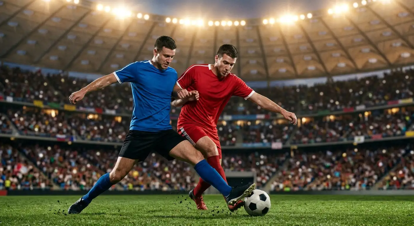Two footballers competing intensely for the ball in a floodlit knockout match