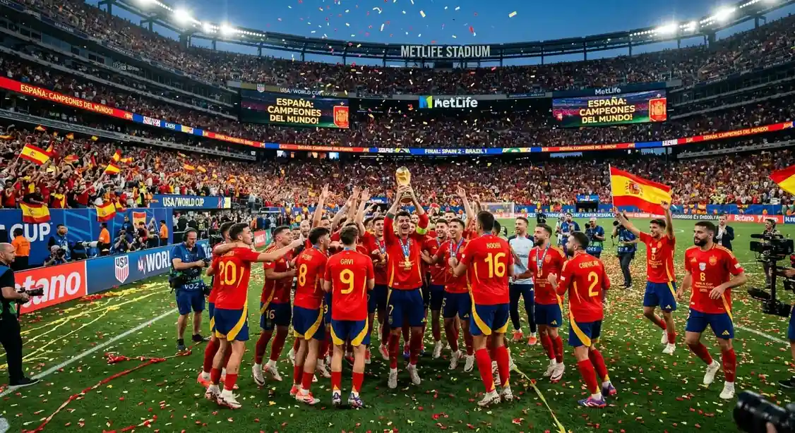 Spain celebrating their World Cup 2026 victory after defeating Argentina 1-0 in extra time at MetLife Stadium