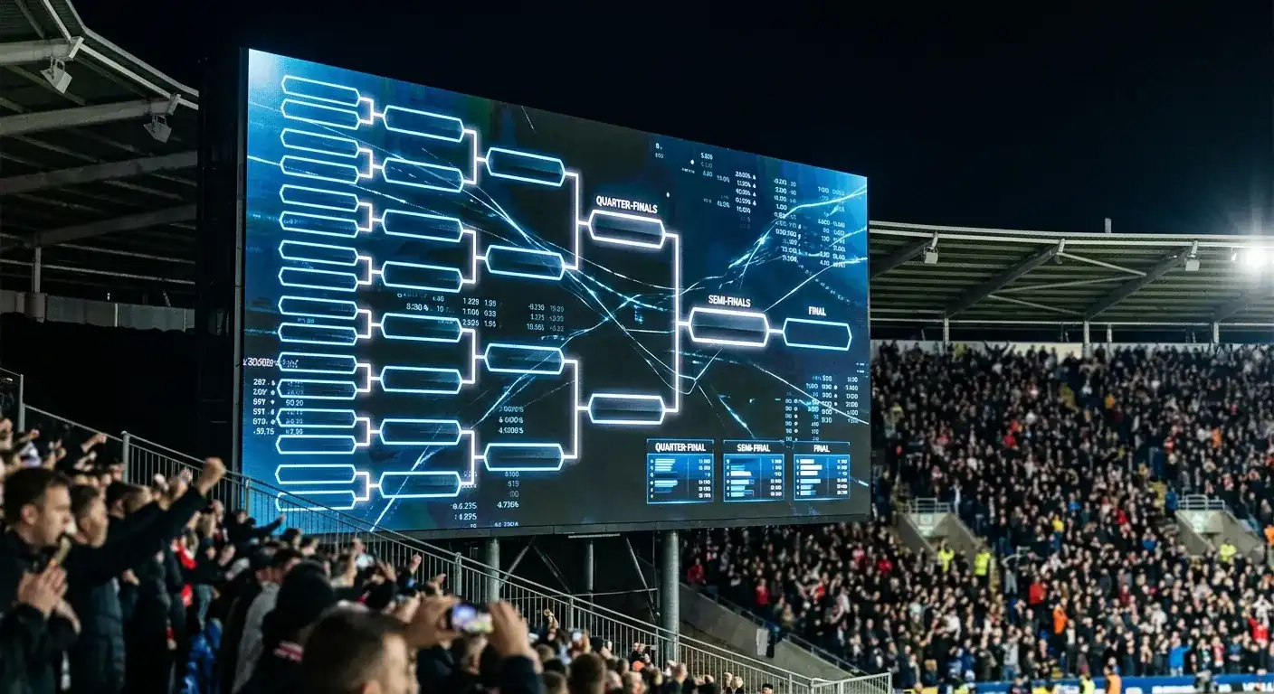 A stadium big screen displaying a knockout bracket narrowing towards the final rounds