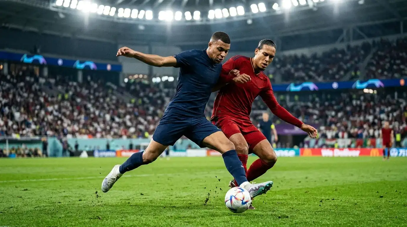 Two footballers in a tense duel for possession during a high-stakes knockout match