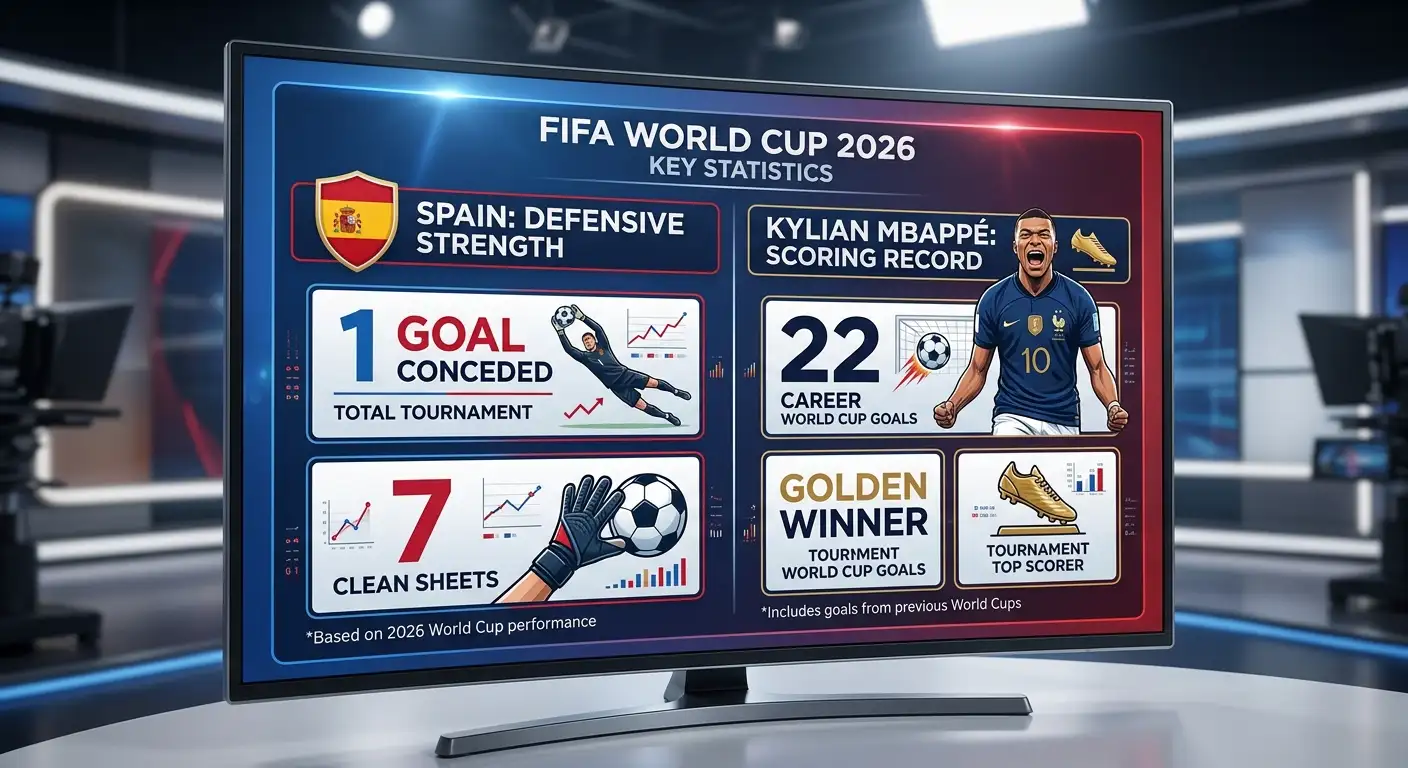 Statistical infographic showing Spain's defensive record and Mbappé's goal tally at World Cup 2026