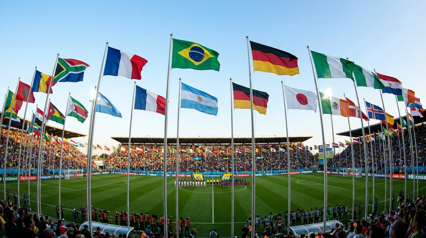 International football tournament with national team flags displayed around the pitch during pre-match ceremony
